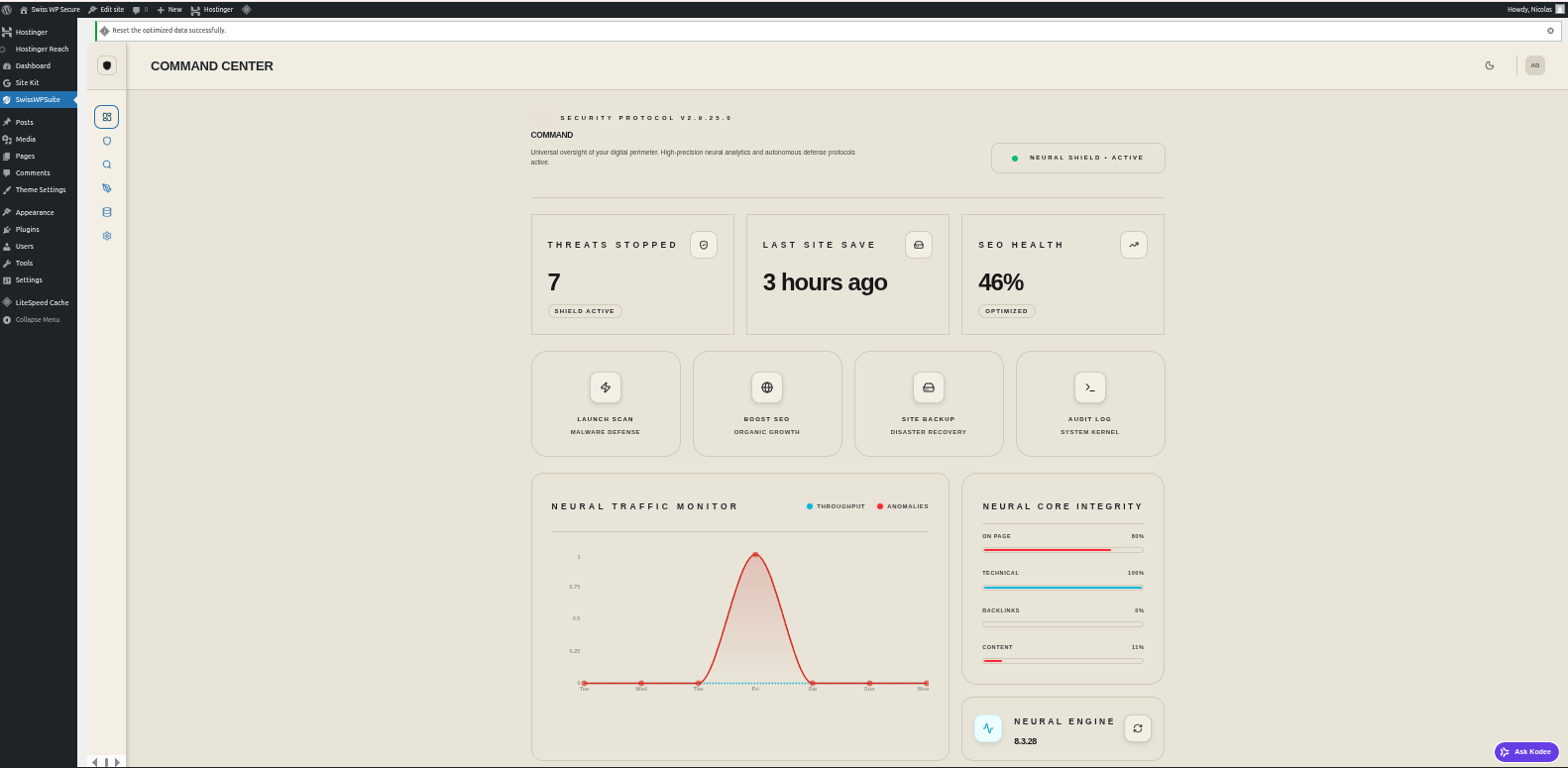SwissSuite-AI unified dashboard — Security Sentinel, Backup Sentinel, SEO and Content agents inside WordPress admin